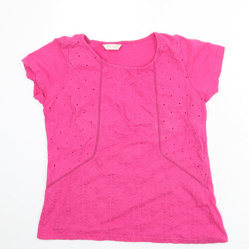 BHS Womens Pink Geometric 100% Cotton Basic T-Shirt Size 14 Round Neck - Embroidered Detail