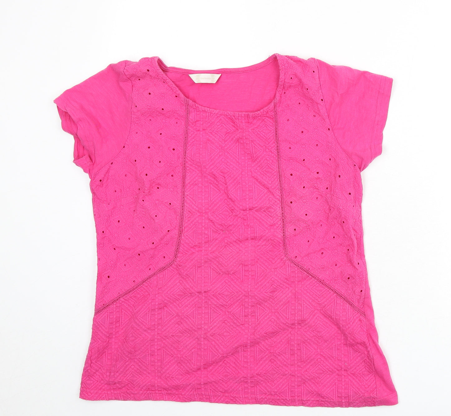 BHS Womens Pink Geometric 100% Cotton Basic T-Shirt Size 14 Round Neck - Embroidered Detail