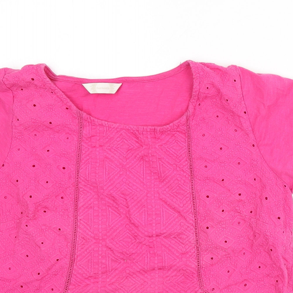 BHS Womens Pink Geometric 100% Cotton Basic T-Shirt Size 14 Round Neck - Embroidered Detail