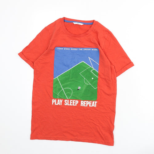 Marks and Spencer Boys Red Cotton Basic T-Shirt Size 12-13 Years Round Neck Pullover - Eat Sleep Repeat, Football, Slogan