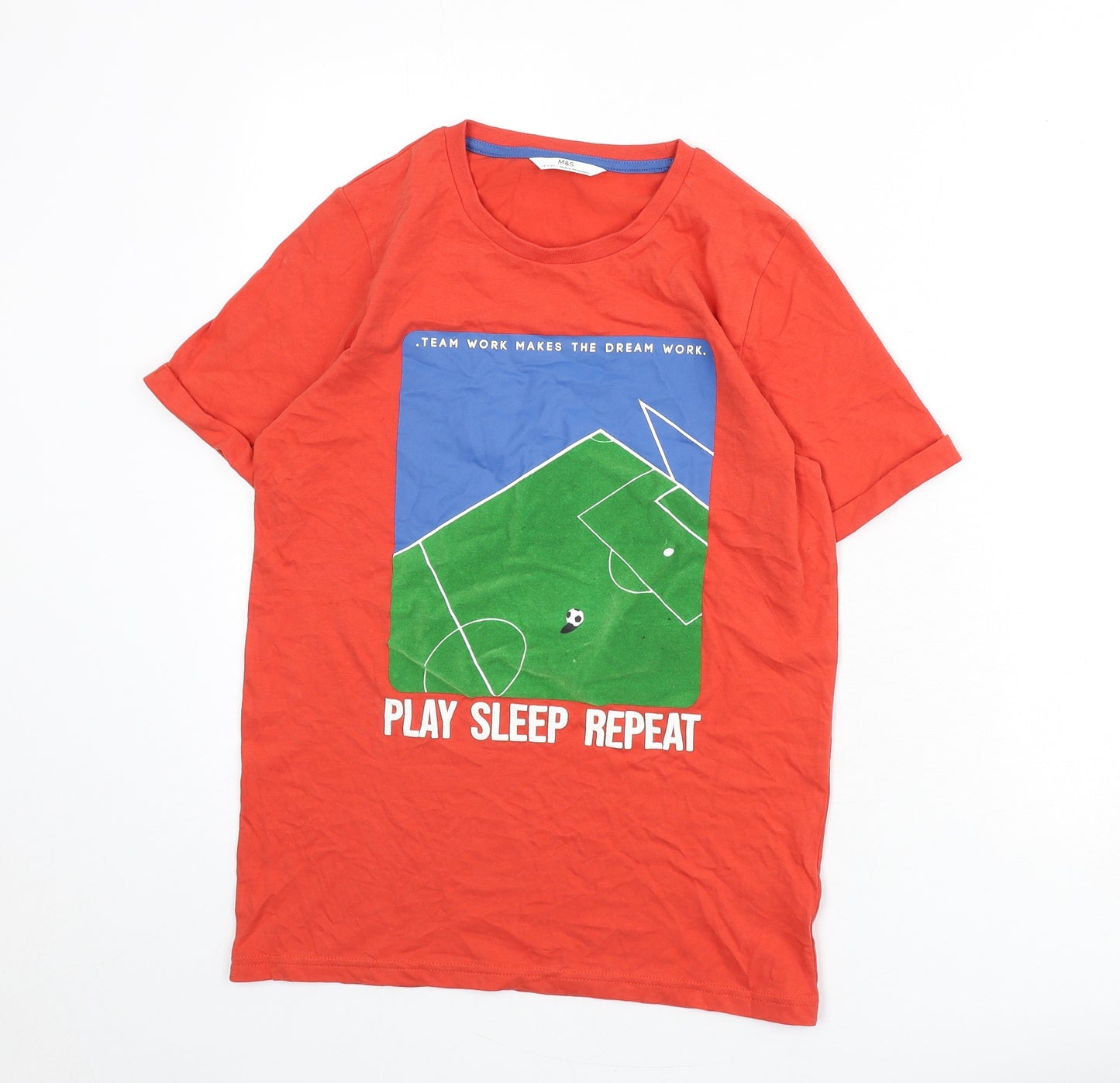 Marks and Spencer Boys Red Cotton Basic T-Shirt Size 12-13 Years Round Neck Pullover - Eat Sleep Repeat, Football, Slogan