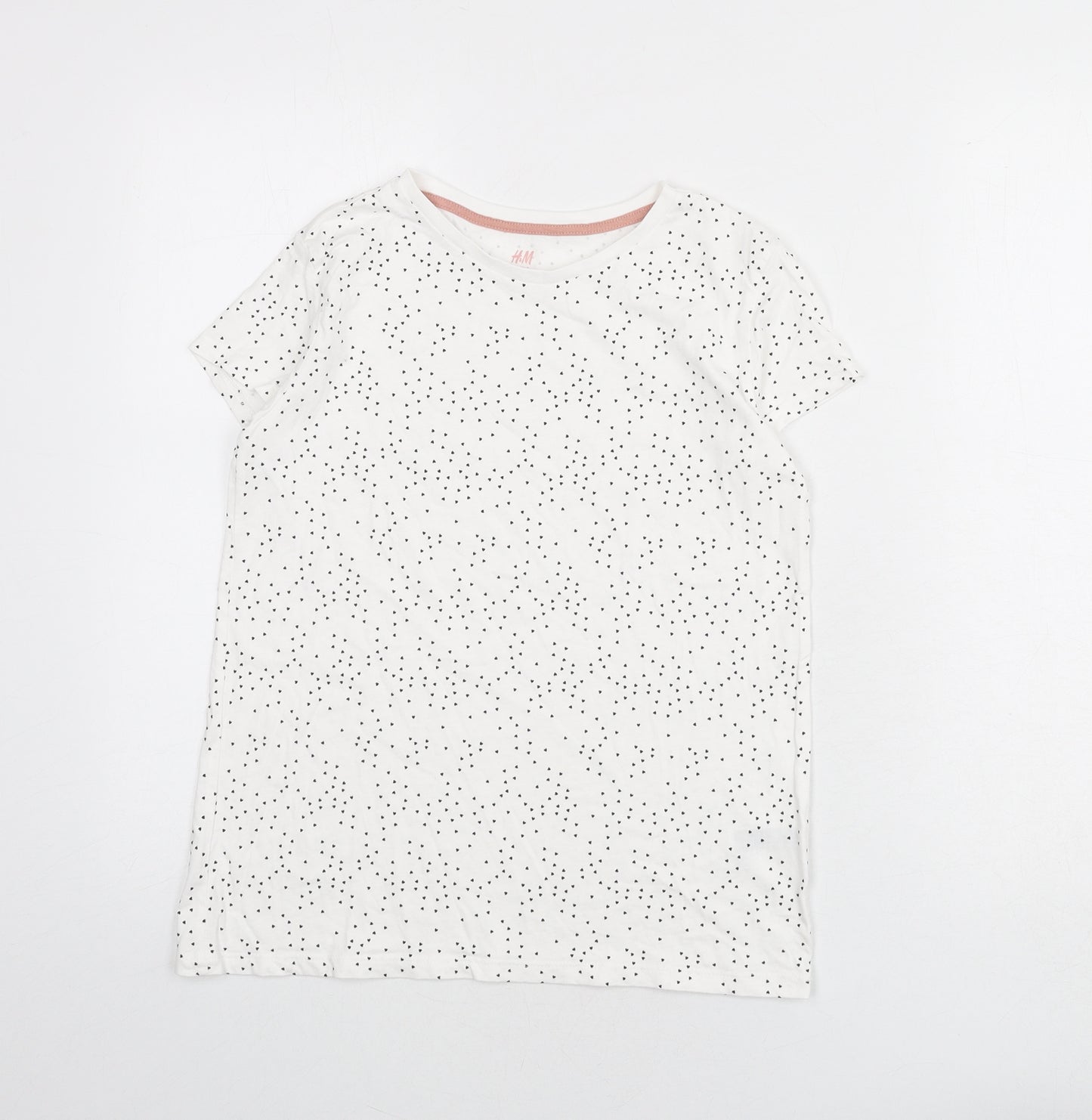 H&M Girls White Geometric 100% Cotton Basic T-Shirt Size 12-13 Years Round Neck Pullover - Size 12-14, Heart Print