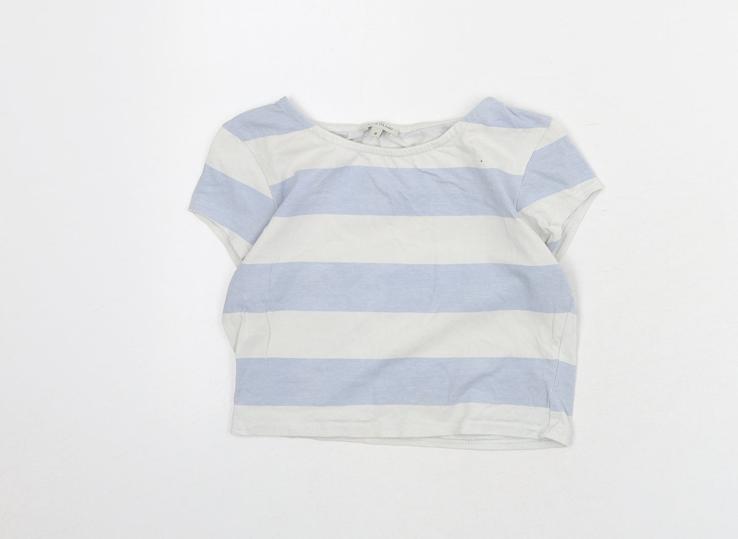 River Island Womens Blue Striped Cotton Cropped T-Shirt Size 8 Round Neck