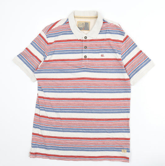 North Coast Mens Multicoloured Striped 100% Cotton Polo Size M Collared Button