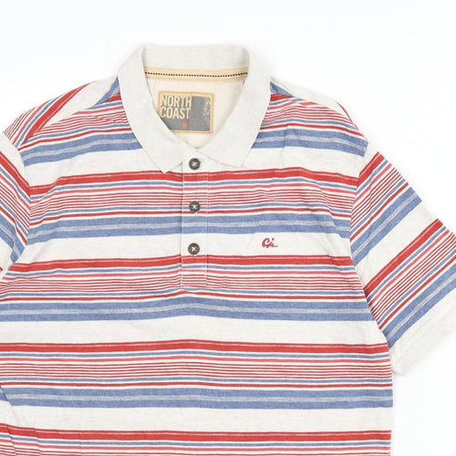 North Coast Mens Multicoloured Striped 100% Cotton Polo Size M Collared Button