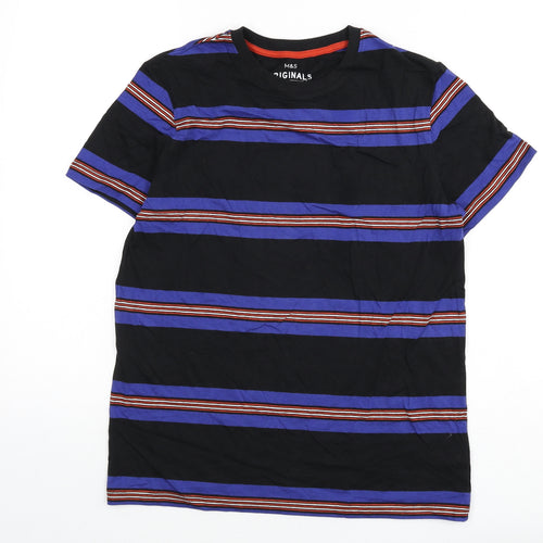 Marks and Spencer Boys Multicoloured Striped Cotton Basic T-Shirt Size 13-14 Years Round Neck Pullover