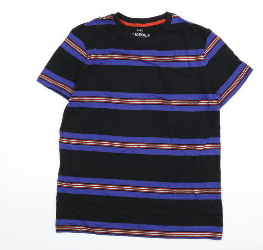 Marks and Spencer Boys Multicoloured Striped Cotton Basic T-Shirt Size 13-14 Years Round Neck Pullover