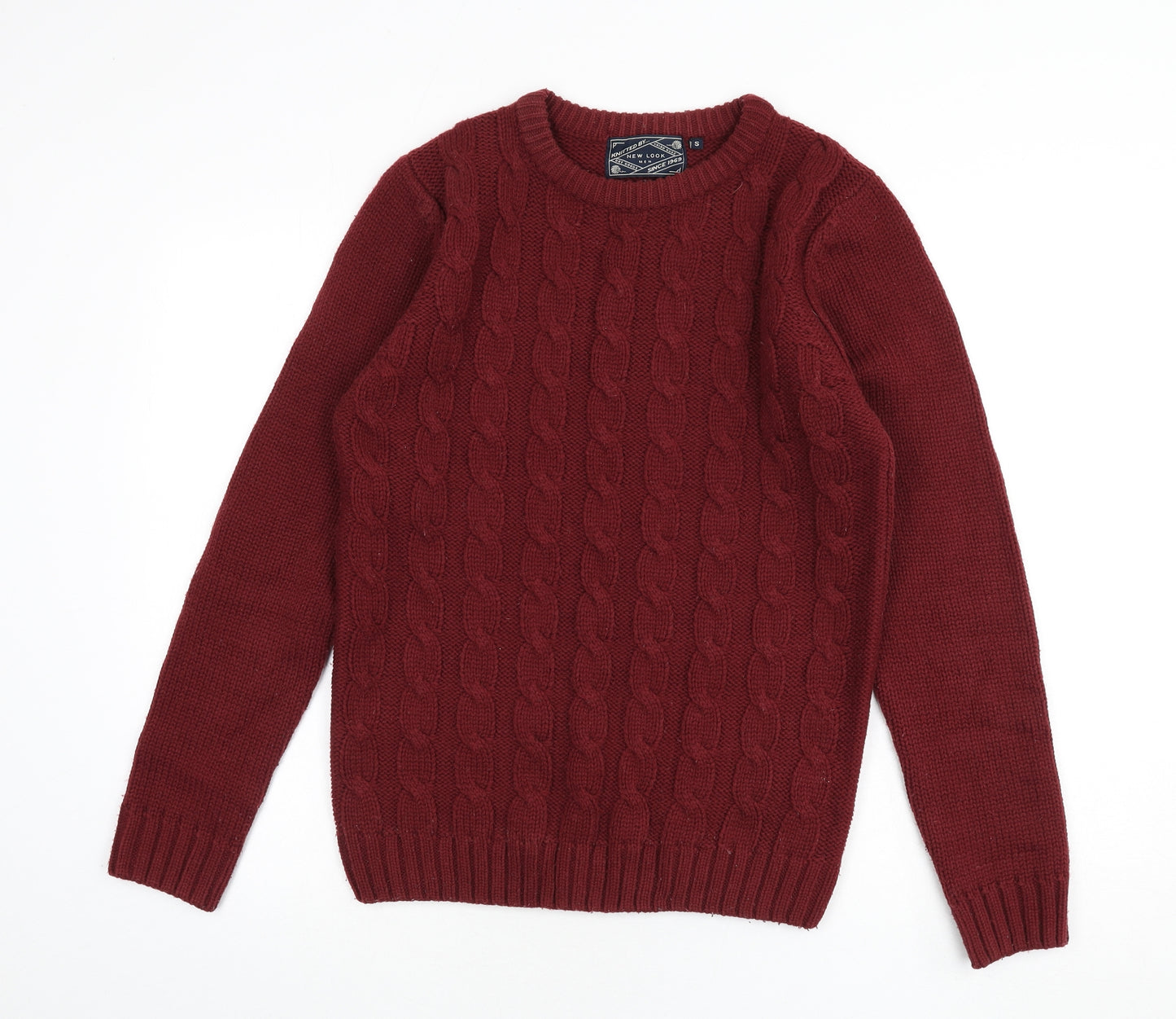 New Look Mens Red Round Neck Acrylic Pullover Jumper Size S Long Sleeve