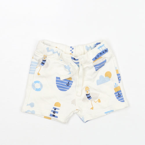 Marks and Spencer Boys White Geometric Cotton Cropped Trousers Size 3-6 Months Drawstring - Seagull Boat Print