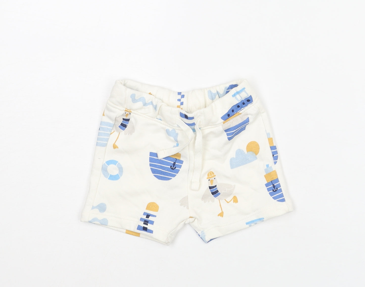 Marks and Spencer Boys White Geometric Cotton Cropped Trousers Size 3-6 Months Drawstring - Seagull Boat Print