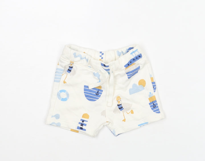 Marks and Spencer Boys White Geometric Cotton Cropped Trousers Size 3-6 Months Drawstring - Seagull Boat Print