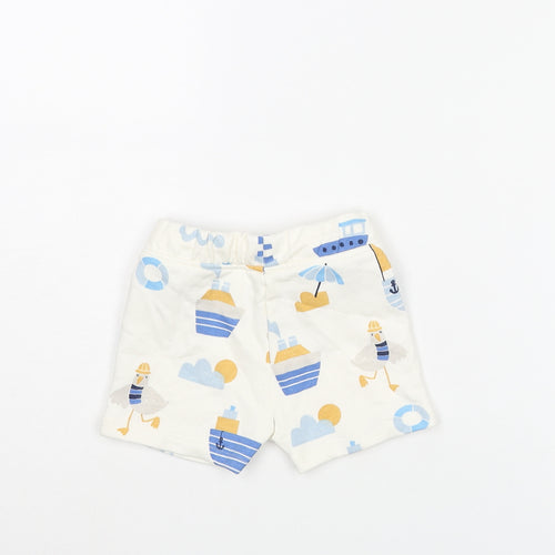 Marks and Spencer Boys White Geometric Cotton Cropped Trousers Size 3-6 Months Drawstring - Seagull Boat Print