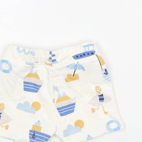 Marks and Spencer Boys White Geometric Cotton Cropped Trousers Size 3-6 Months Drawstring - Seagull Boat Print