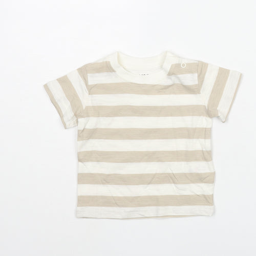 Marks and Spencer Boys Beige Striped Cotton Basic T-Shirt Size 0-3 Months Round Neck Snap
