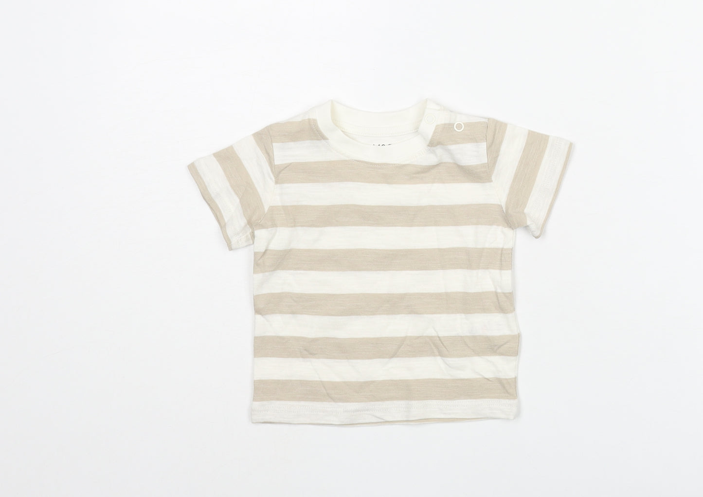 Marks and Spencer Boys Beige Striped Cotton Basic T-Shirt Size 0-3 Months Round Neck Snap