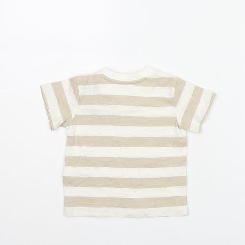 Marks and Spencer Boys Beige Striped Cotton Basic T-Shirt Size 0-3 Months Round Neck Snap