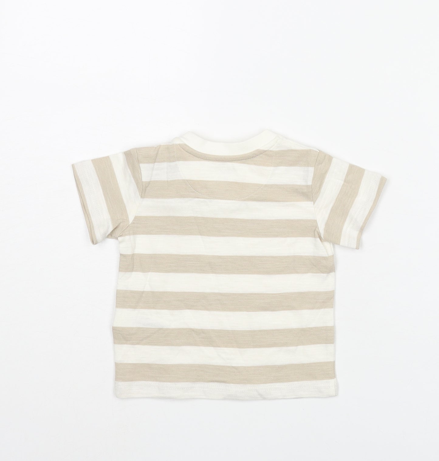 Marks and Spencer Boys Beige Striped Cotton Basic T-Shirt Size 0-3 Months Round Neck Snap