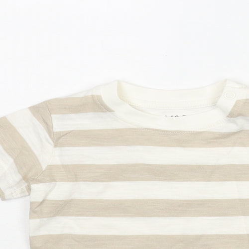 Marks and Spencer Boys Beige Striped Cotton Basic T-Shirt Size 0-3 Months Round Neck Snap