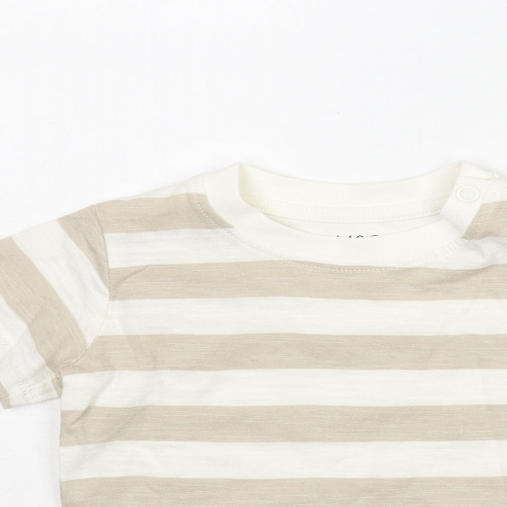 Marks and Spencer Boys Beige Striped Cotton Basic T-Shirt Size 0-3 Months Round Neck Snap