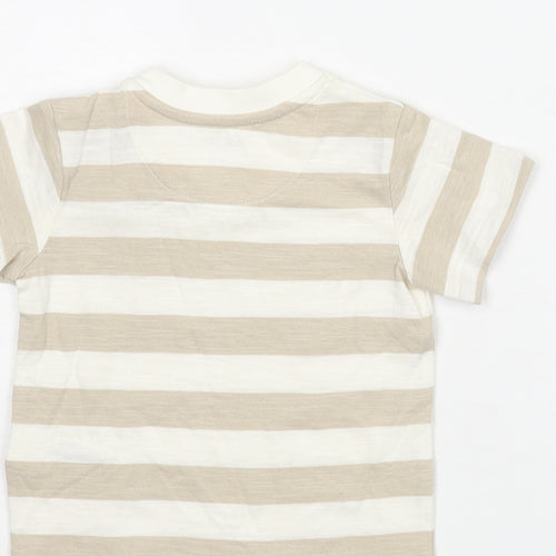 Marks and Spencer Boys Beige Striped Cotton Basic T-Shirt Size 0-3 Months Round Neck Snap