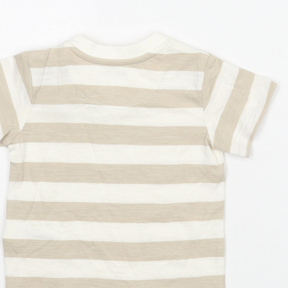Marks and Spencer Boys Beige Striped Cotton Basic T-Shirt Size 0-3 Months Round Neck Snap
