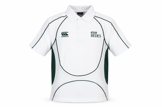 Front view of Canterbury boys’ white colourblock polyester basic polo, size 12, years collared button - logo #team bede's