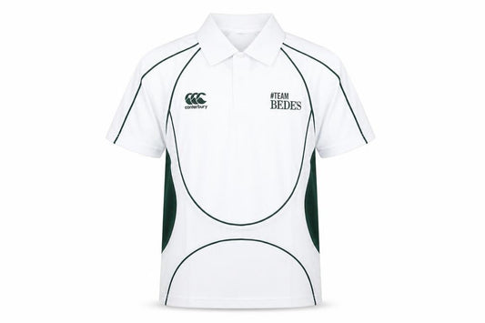 Front view of Canterbury boys’ white colourblock polyester basic polo, size 12, years collared button - logo #team bede's