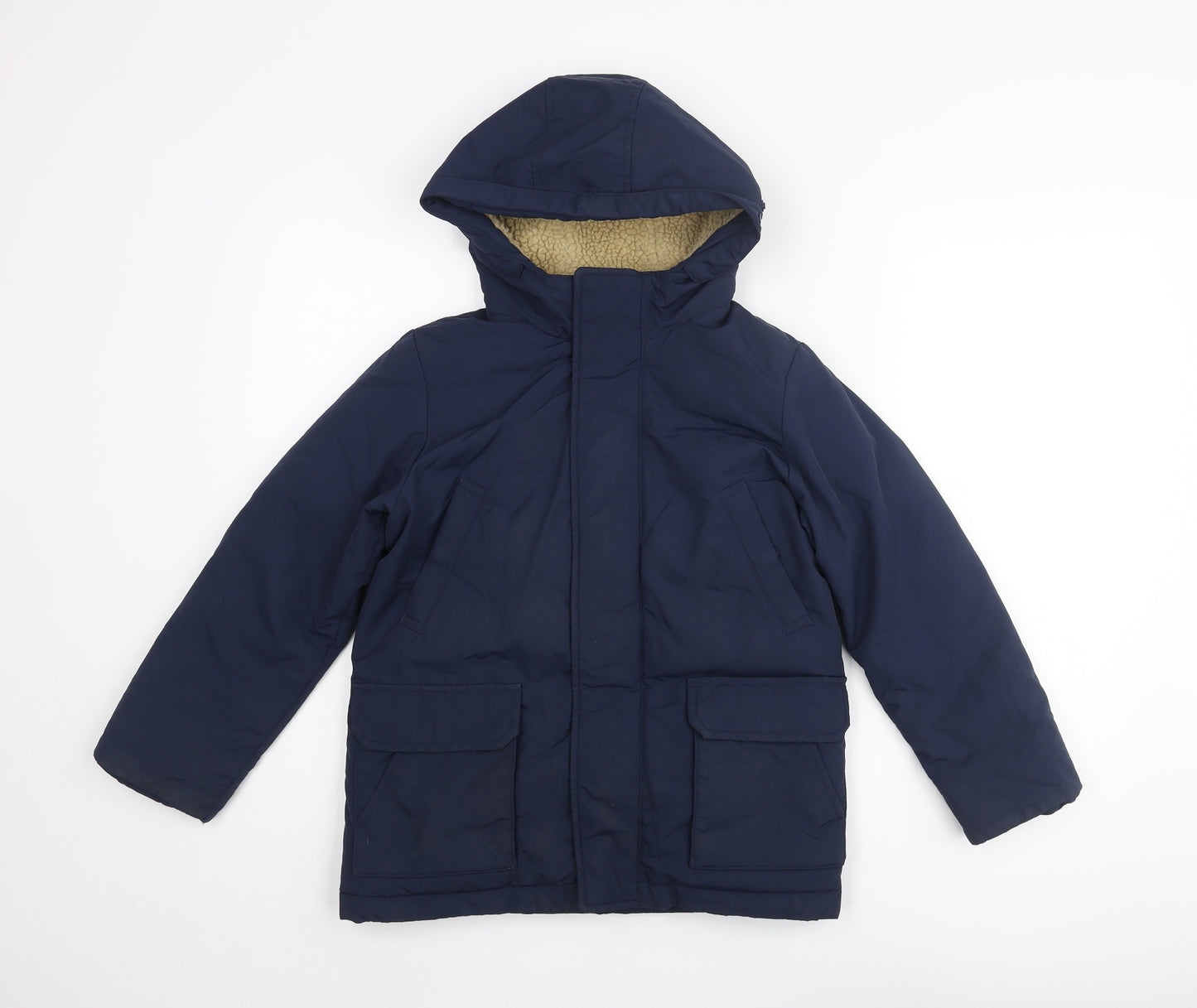 Uniqlo Boys Blue Parka Coat Size 7-8 Years Zip - Fleece Lined