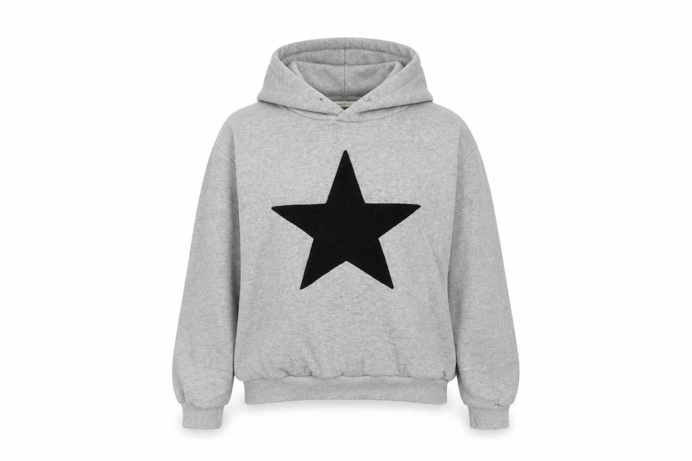 Front view of Moocci women’s grey cotton pullover hoodie, size M, pullover - textured star