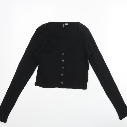 Divided by H&M Womens Black Cotton Cropped T-Shirt Size M Scoop Neck - Button Detai