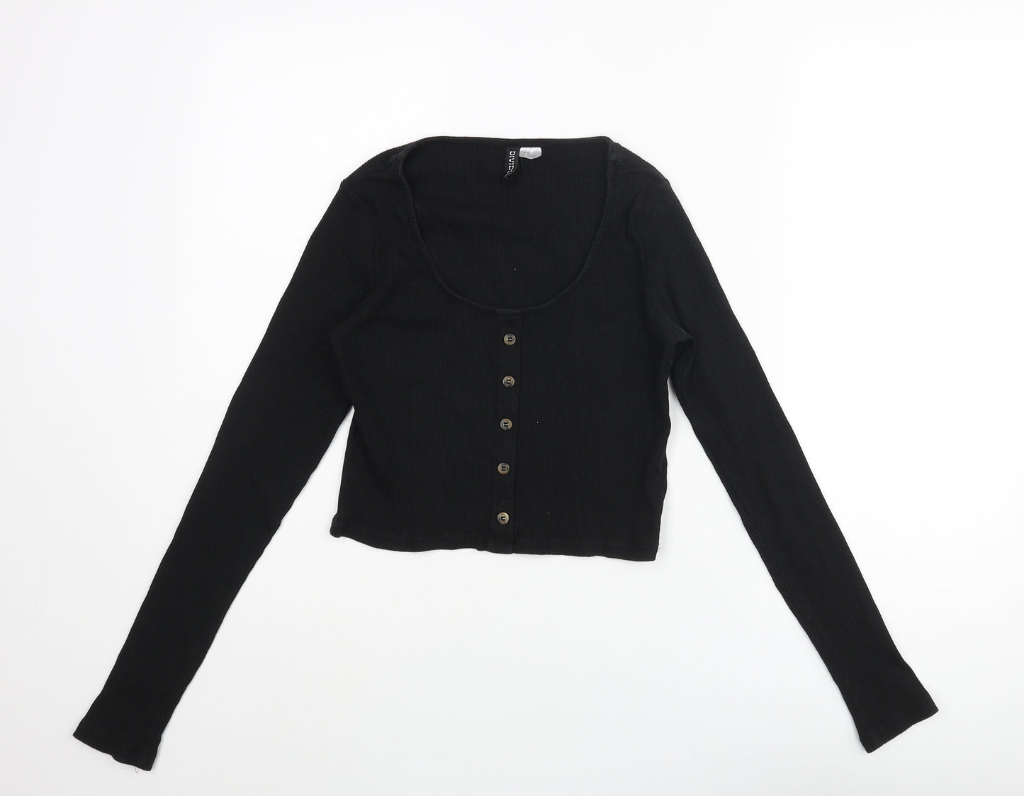 Divided by H&M Womens Black Cotton Cropped T-Shirt Size M Scoop Neck - Button Detai