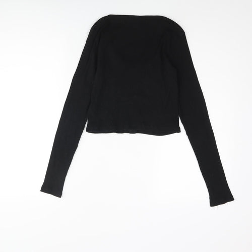Divided by H&M Womens Black Cotton Cropped T-Shirt Size M Scoop Neck - Button Detai