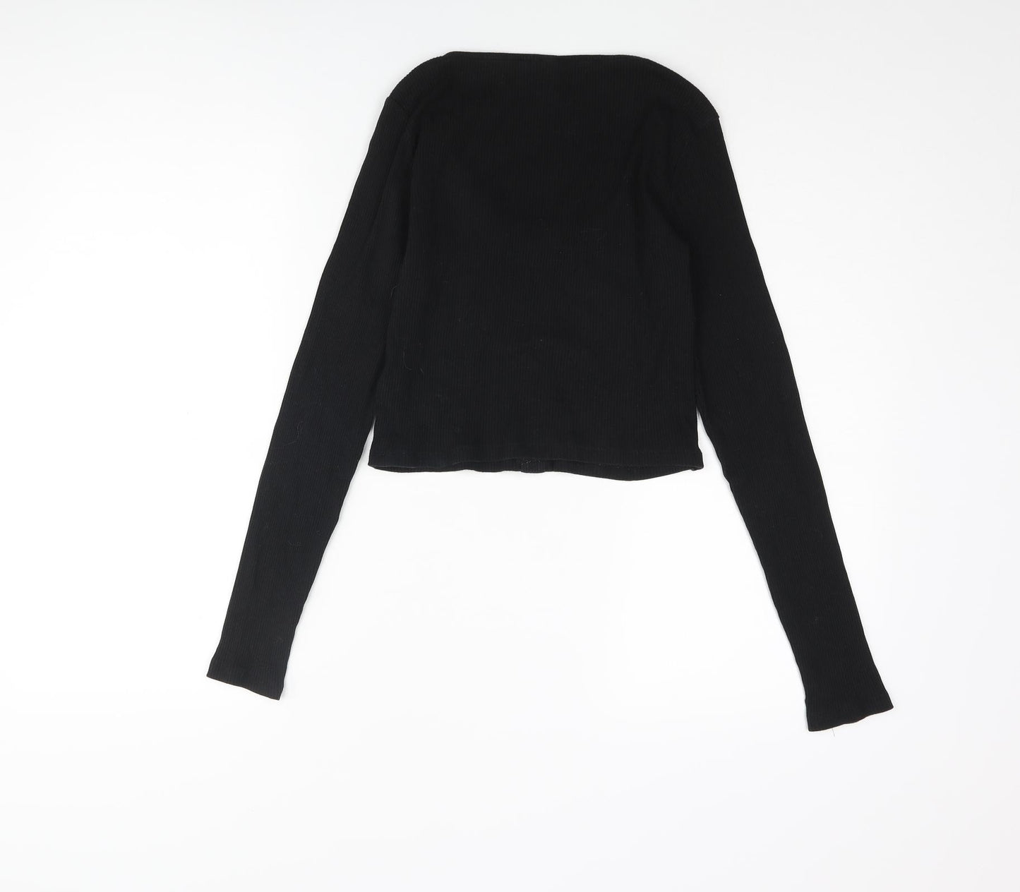 Divided by H&M Womens Black Cotton Cropped T-Shirt Size M Scoop Neck - Button Detai