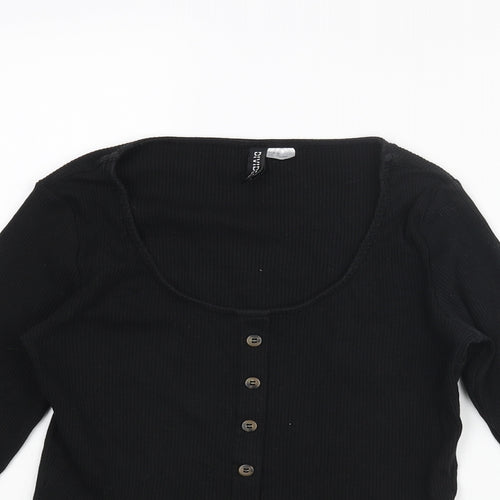 Divided by H&M Womens Black Cotton Cropped T-Shirt Size M Scoop Neck - Button Detai