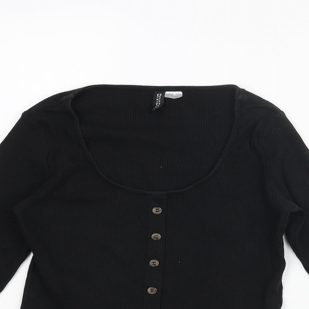Divided by H&M Womens Black Cotton Cropped T-Shirt Size M Scoop Neck - Button Detai