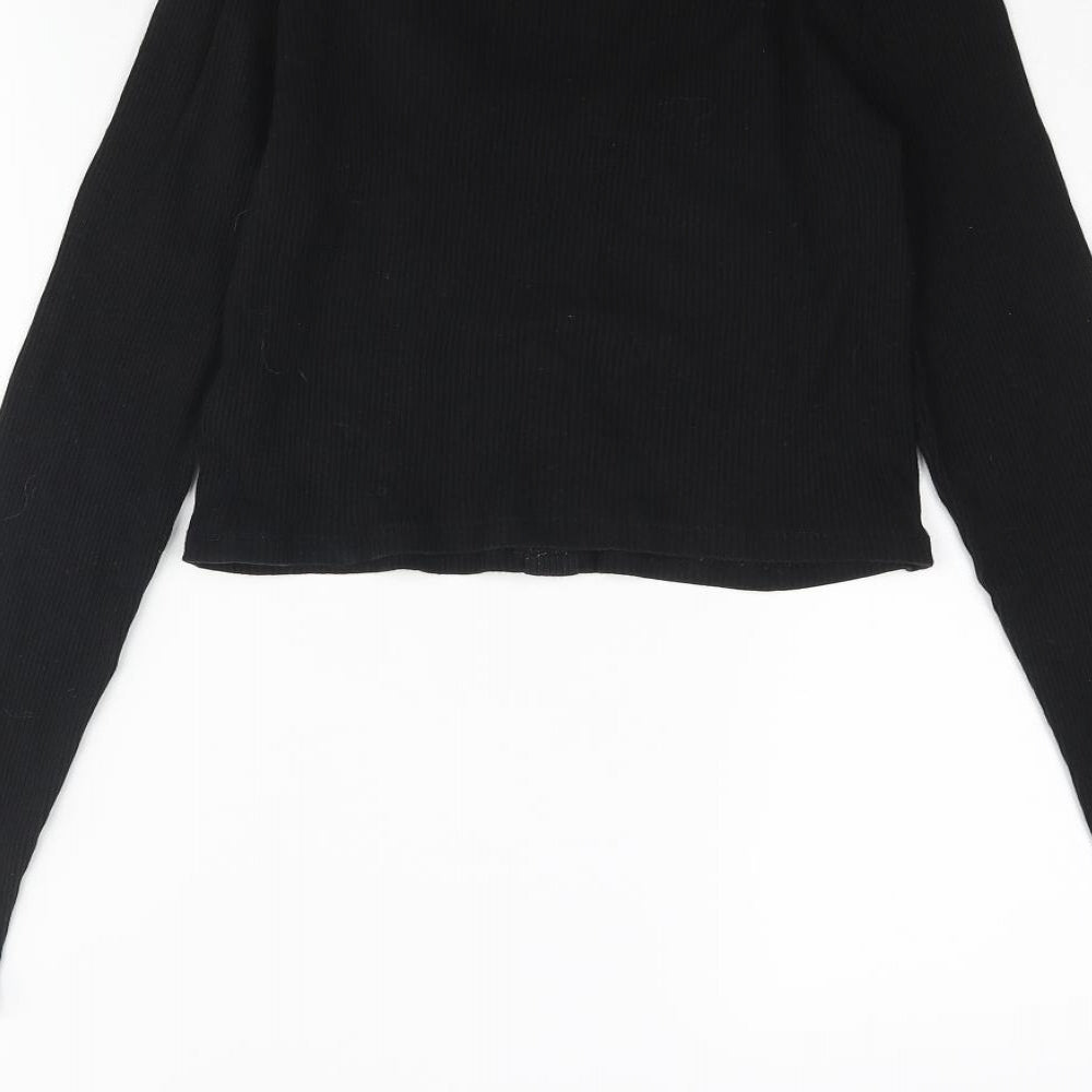 Divided by H&M Womens Black Cotton Cropped T-Shirt Size M Scoop Neck - Button Detai