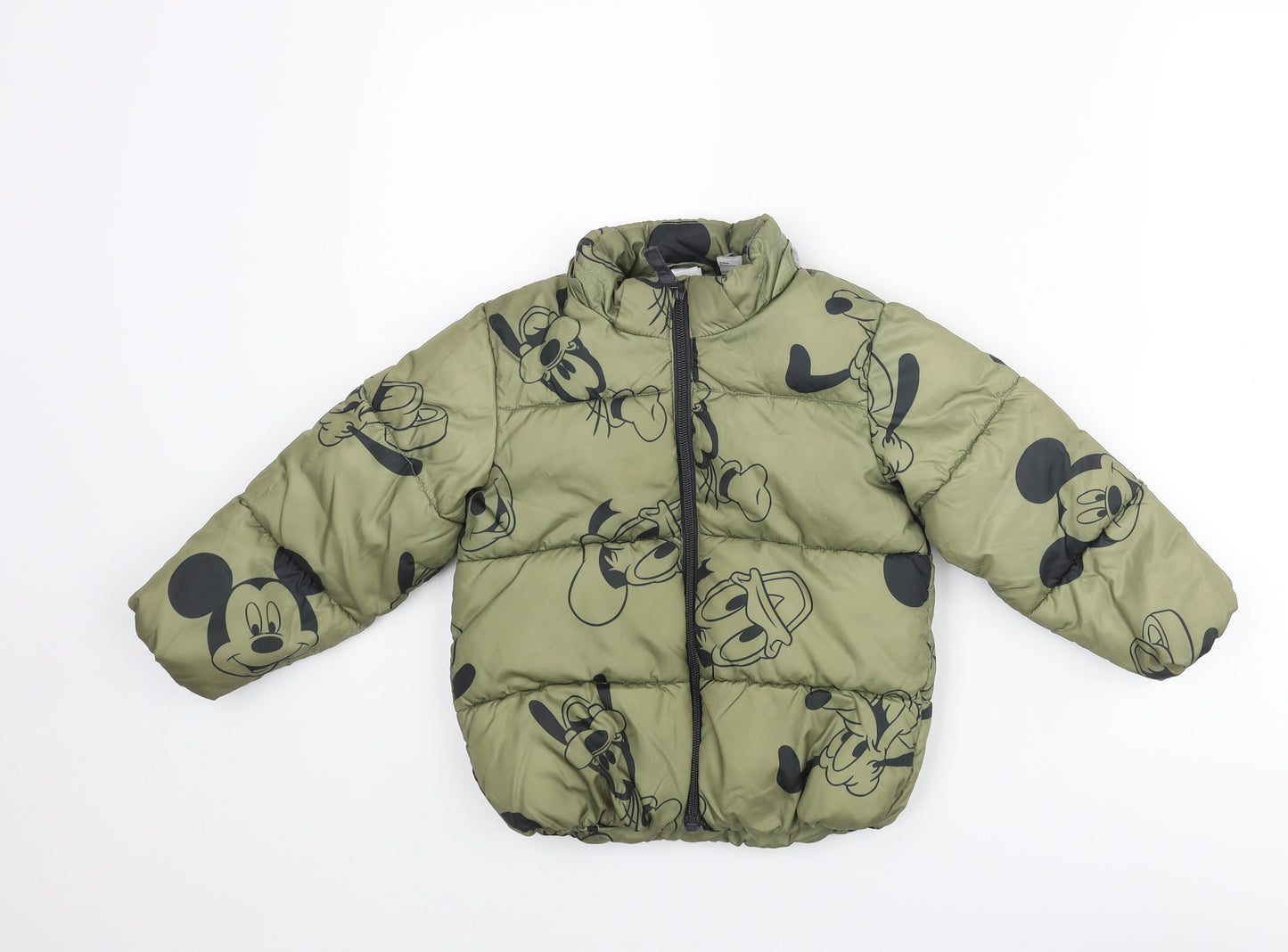 H&M Boys Green Geometric Puffer Jacket Coat Size 3-4 Years Zip - Disney Mickey Mouse & Friends