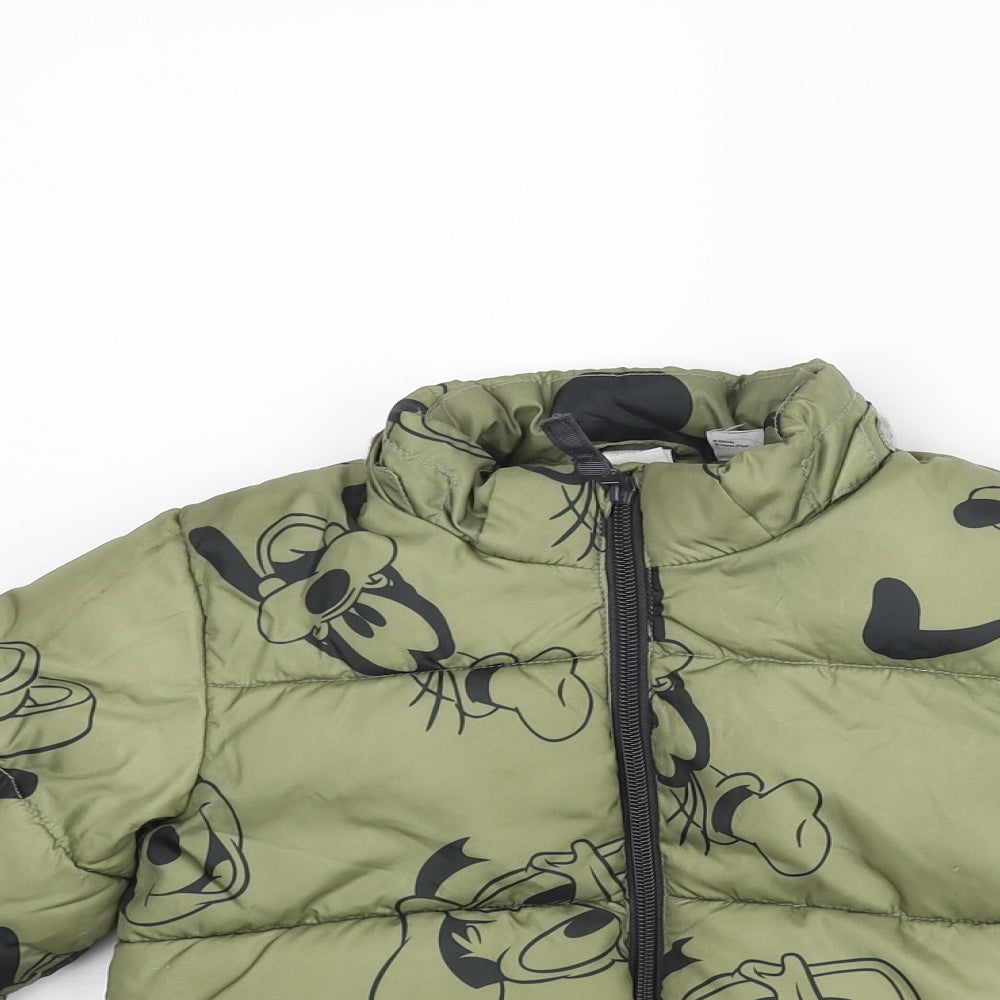 H&M Boys Green Geometric Puffer Jacket Coat Size 3-4 Years Zip - Disney Mickey Mouse & Friends