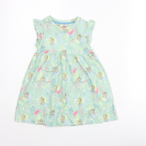 Marks and Spencer Girls Green Geometric Cotton A-Line Size 2-3 Years Round Neck Button - Frozen Print