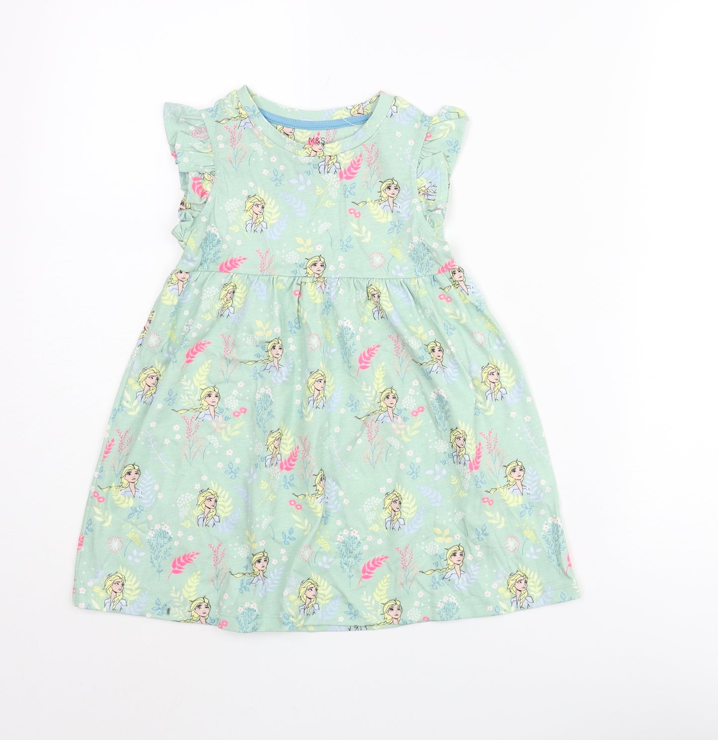 Marks and Spencer Girls Green Geometric Cotton A-Line Size 2-3 Years Round Neck Button - Frozen Print