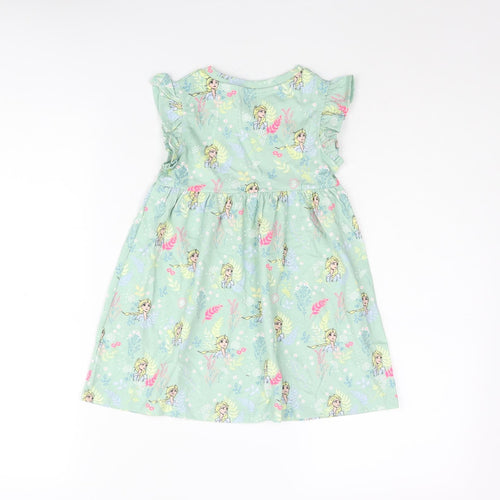 Marks and Spencer Girls Green Geometric Cotton A-Line Size 2-3 Years Round Neck Button - Frozen Print