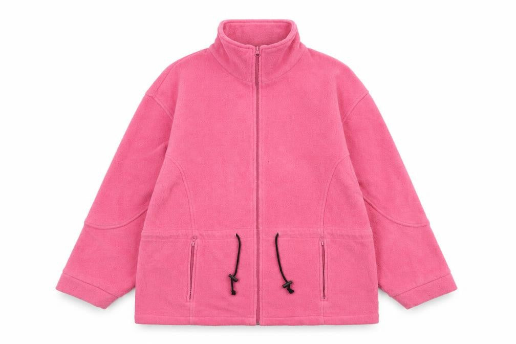 Front view of L.X.D women’s pink jacket, size M, zip - drawstring detail