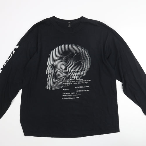 River Island Mens Black Cotton T-Shirt Size XL Round Neck - Skull Print Text