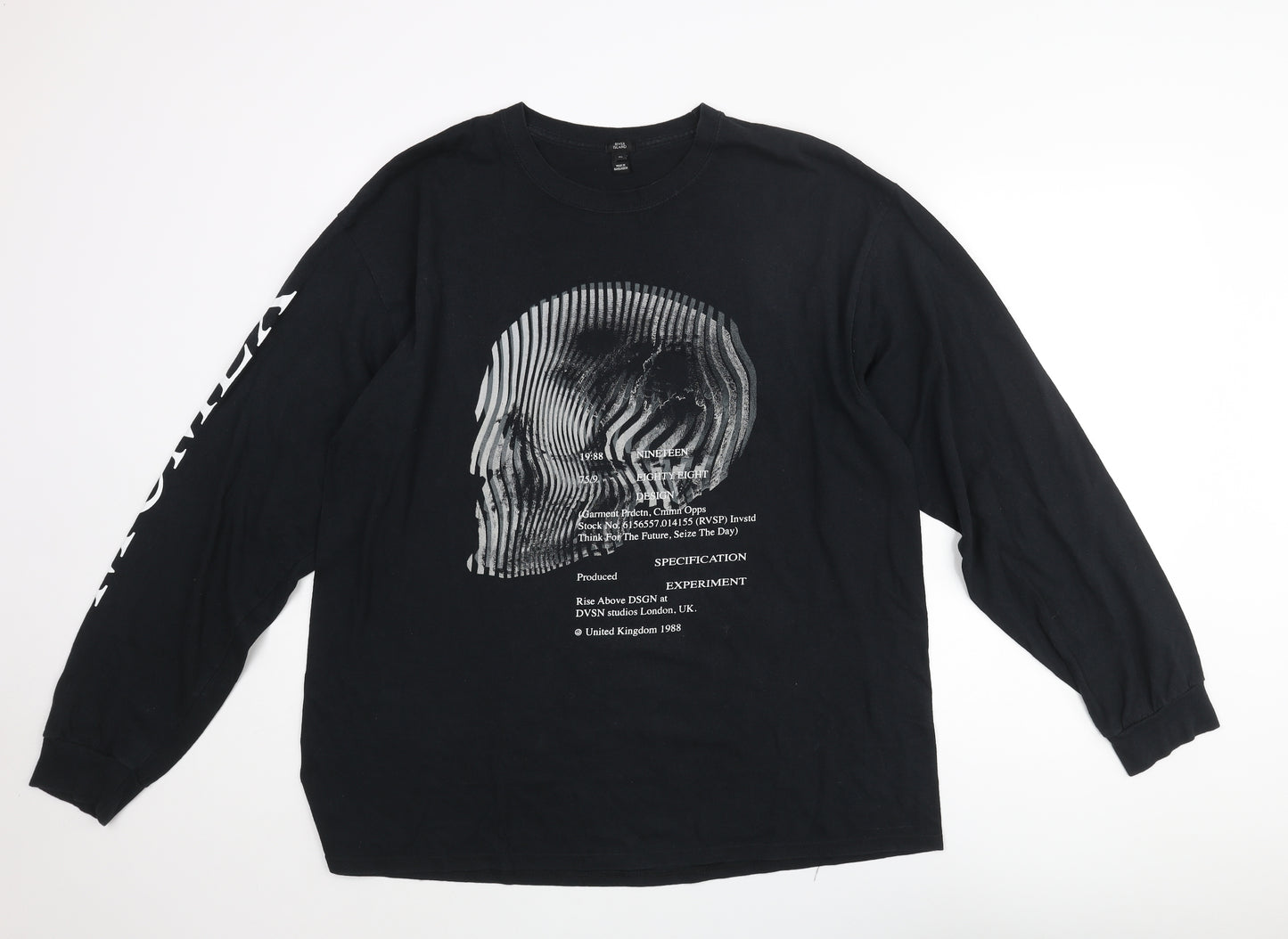 River Island Mens Black Cotton T-Shirt Size XL Round Neck - Skull Print Text