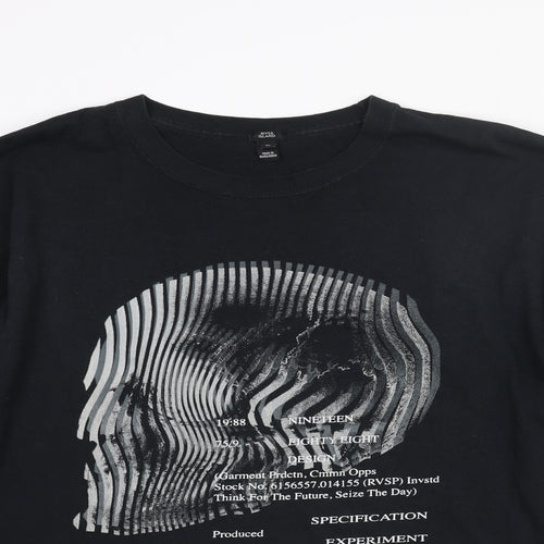 River Island Mens Black Cotton T-Shirt Size XL Round Neck - Skull Print Text