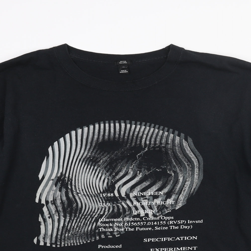 River Island Mens Black Cotton T-Shirt Size XL Round Neck - Skull Print Text