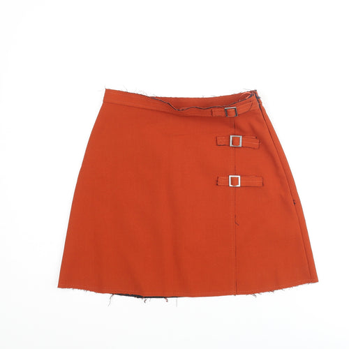 Topshop Womens Orange Polyester A-Line Skirt Size 6 Zip - Raw Finishings Buckle Detail