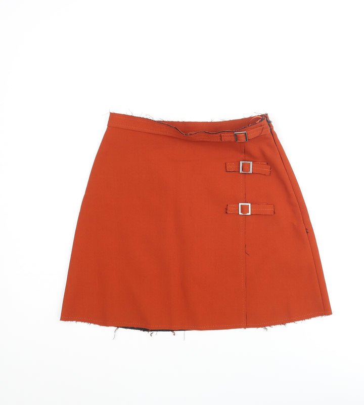 Topshop Womens Orange Polyester A-Line Skirt Size 6 Zip - Raw Finishings Buckle Detail