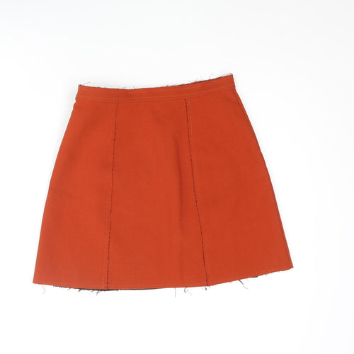 Topshop Womens Orange Polyester A-Line Skirt Size 6 Zip - Raw Finishings Buckle Detail