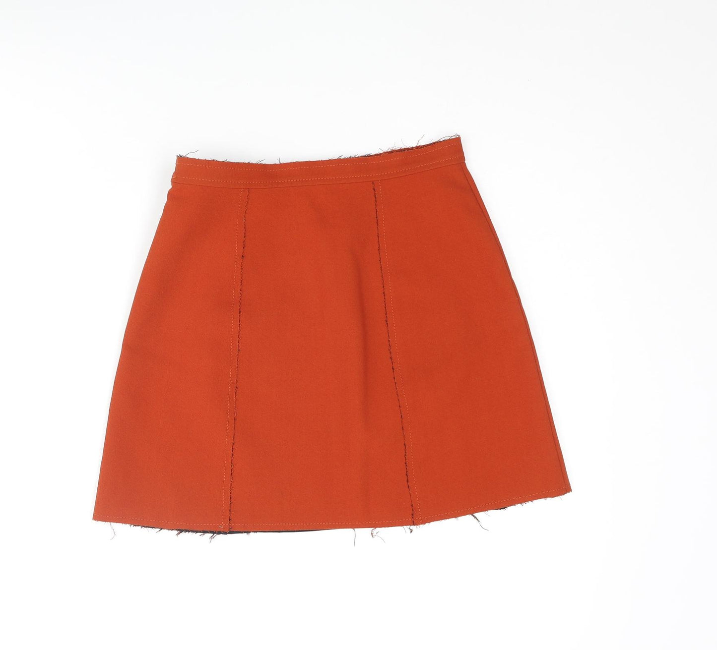 Topshop Womens Orange Polyester A-Line Skirt Size 6 Zip - Raw Finishings Buckle Detail